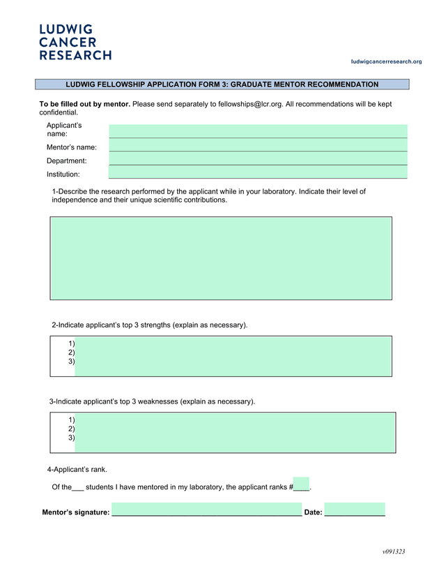 LUDWIG FELLOWSHIP APPLICATION FORM 3 GRADUATE MENTOR RECOMMENDATION screenshot
