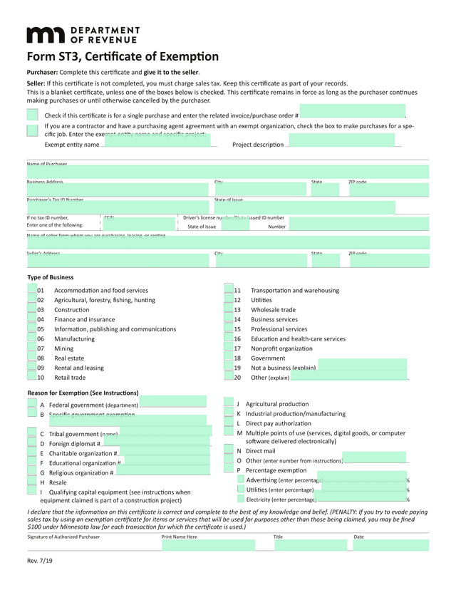 Form ST3, Certificate Of Exemption screenshot