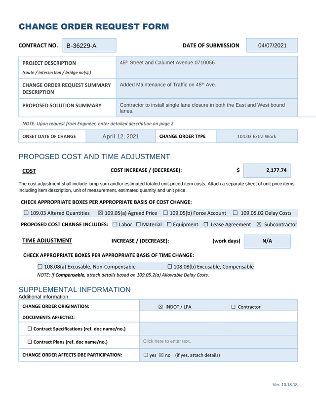 CHANGE ORDER REQUEST FORM screenshot