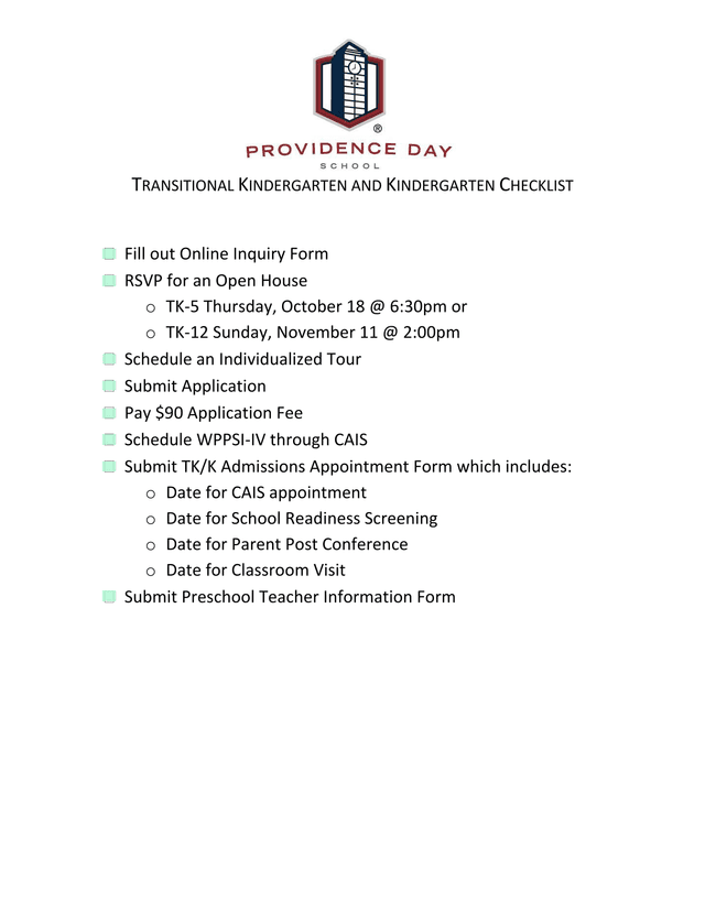 Transitional Kindergarten And Kindergarten Checklist screenshot