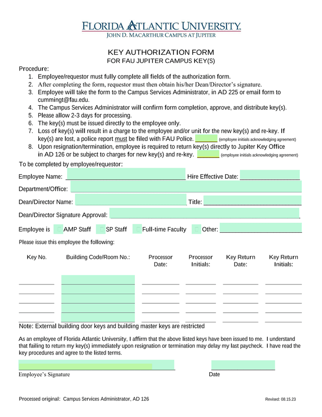 KEY AUTHORIZATION FORM FOR FAU JUPITER CAMPUS KEY(S) screenshot