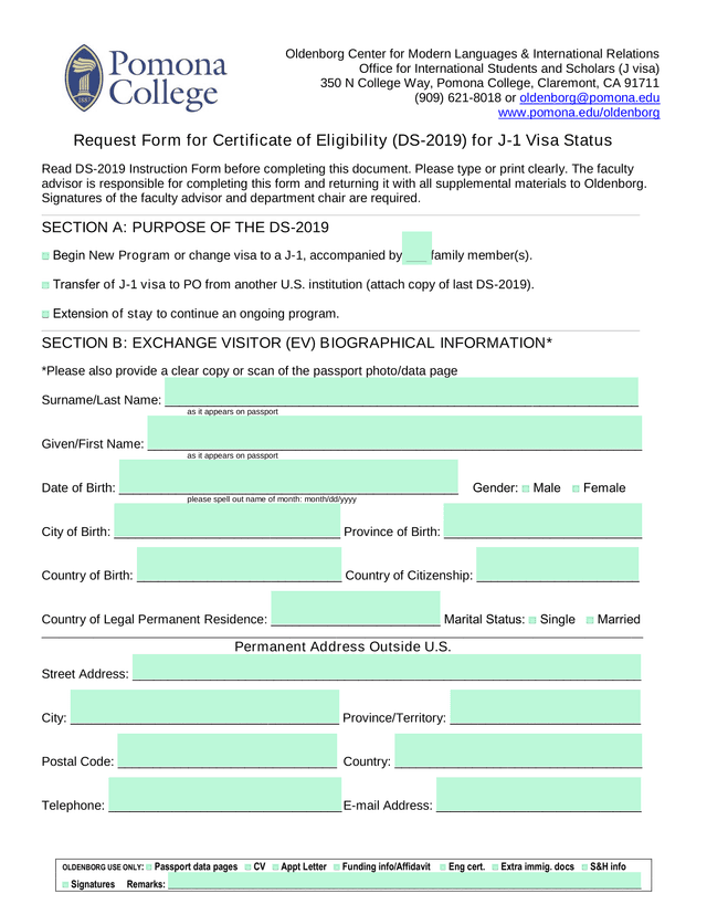 Request Form For Certificate Of Eligibility (DS 2019) For J 1 Visa Status screenshot