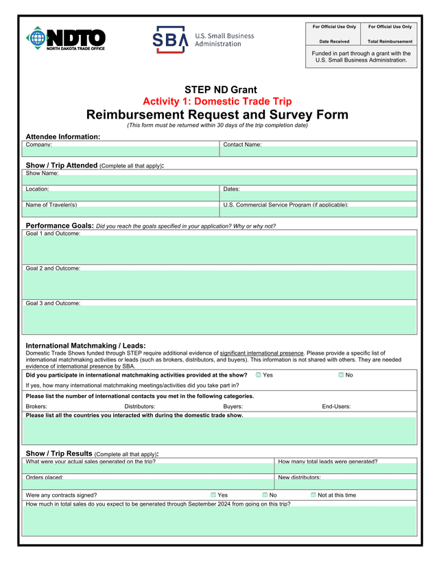 STEP ND Grant Activity 1 Domestic Trade Trip Reimbursement Request And Survey Form screenshot