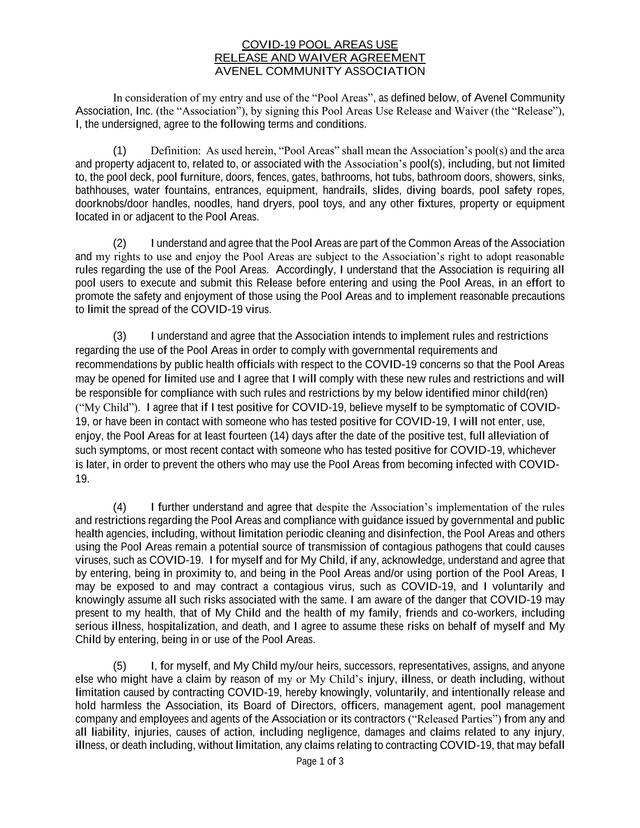COVID 19 POOL AREAS USE RELEASE AND WAIVER AGREEMENT screenshot