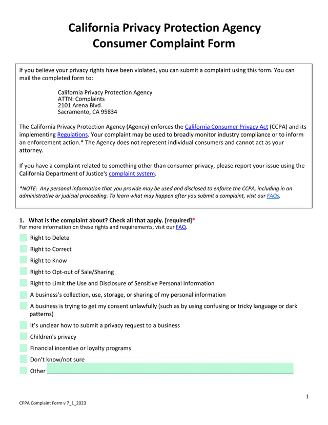 Consumer Complaint Form screenshot