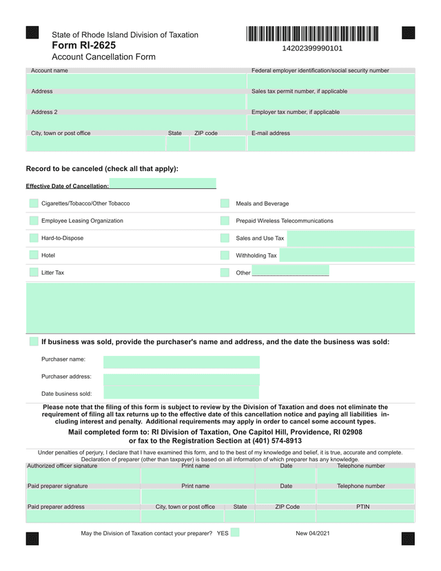 Form RI 2625 Account Cancellation Form screenshot