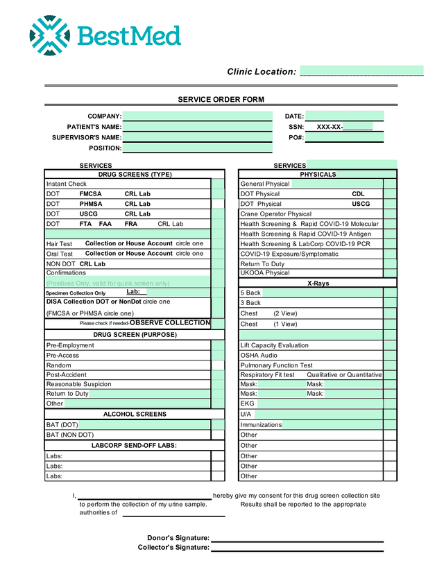 LABCORP SEND OFF LABS SERVICE ORDER FORM screenshot