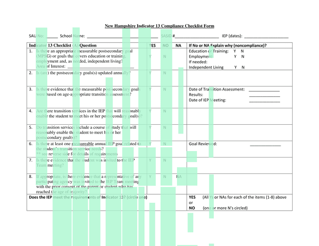 New Hampshire Indicator 13 Compliance Checklist Form screenshot