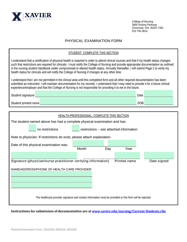Physical Examination Form screenshot