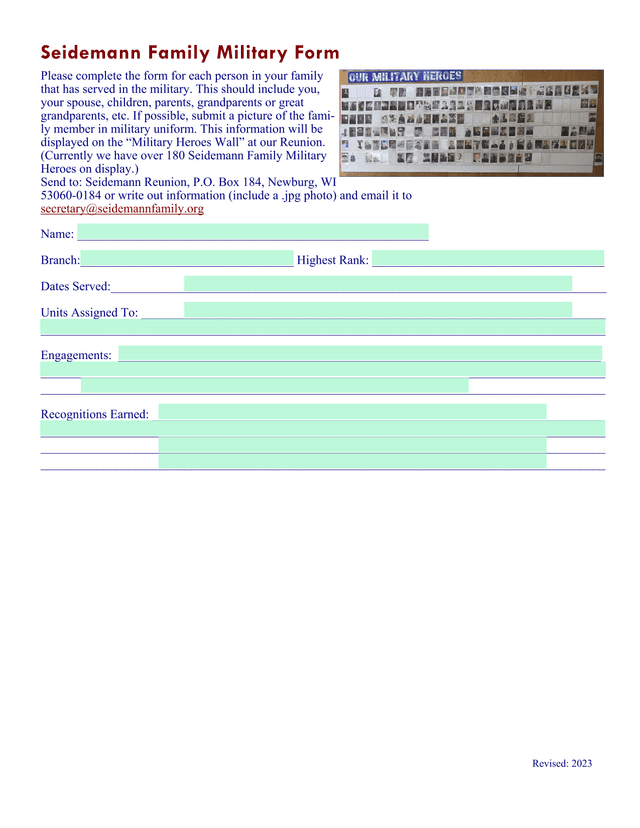 Seidemann Family Military Form screenshot
