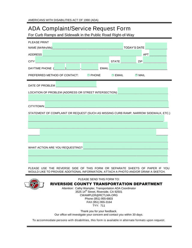 ADA ComplaintService Request Form For Curb Ramps And Sidewalk In The Public Road Right Of Way screenshot