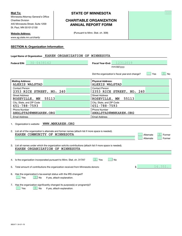 STATE OF MINNESOTA CHARITABLE ORGANIZATION ANNUAL REPORT FORM screenshot