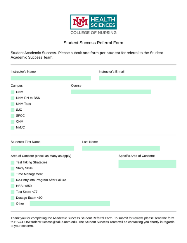 Student Success Referral Form screenshot