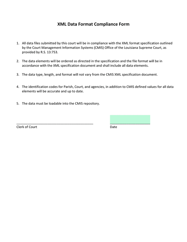 XML Data Format Compliance Form screenshot