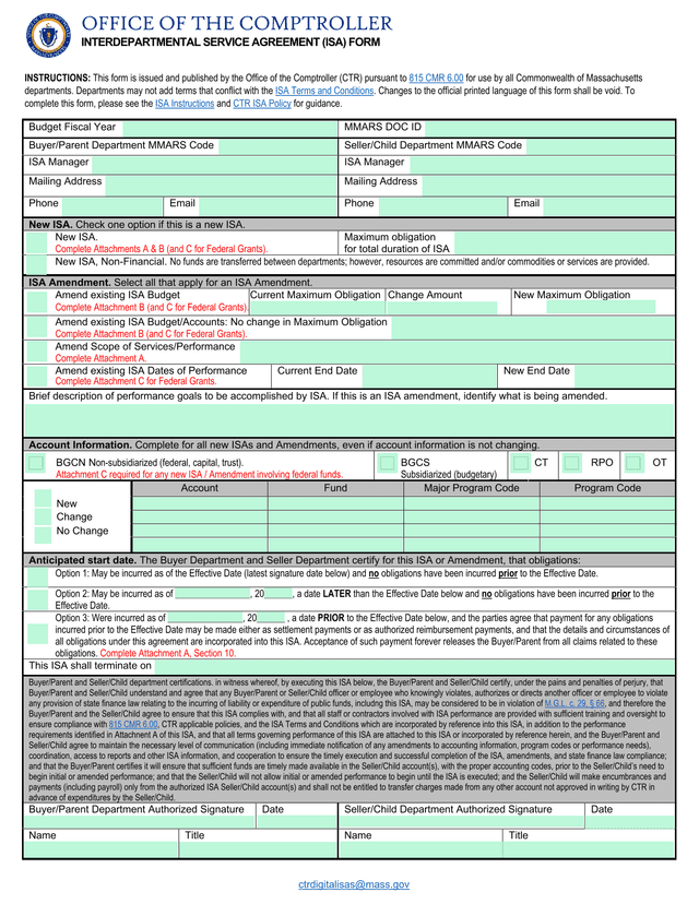 Interdepartmental Service Agreement (ISA) Form screenshot