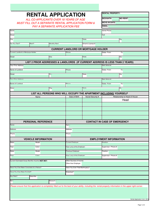 Rental Application Form 0418 screenshot