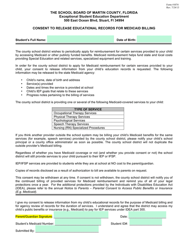 Consent To Release Educational Records For Medicaid Billing screenshot