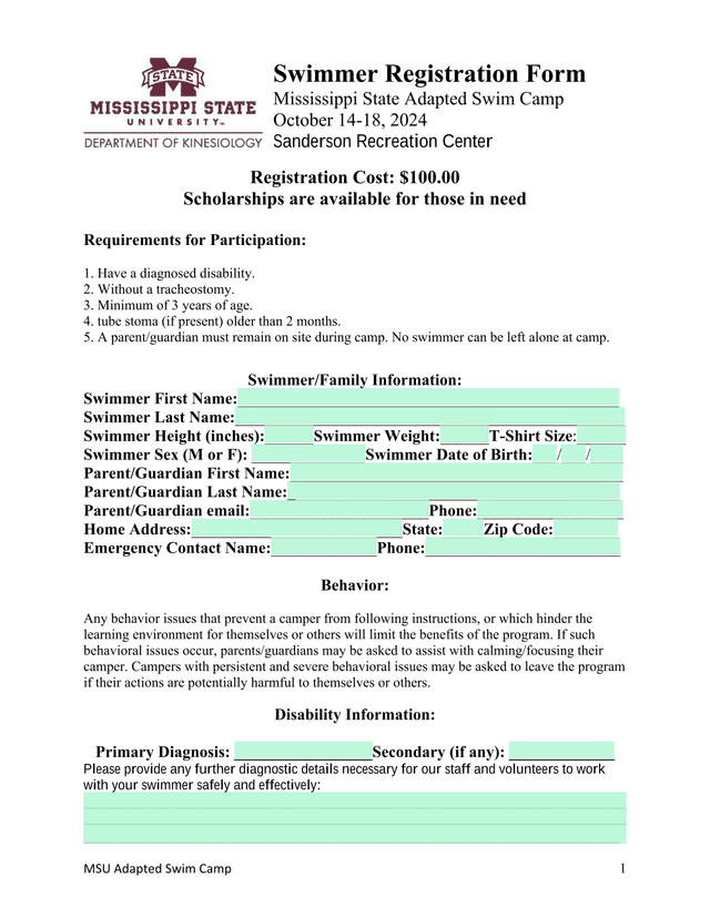 Swimmer Registration Form screenshot