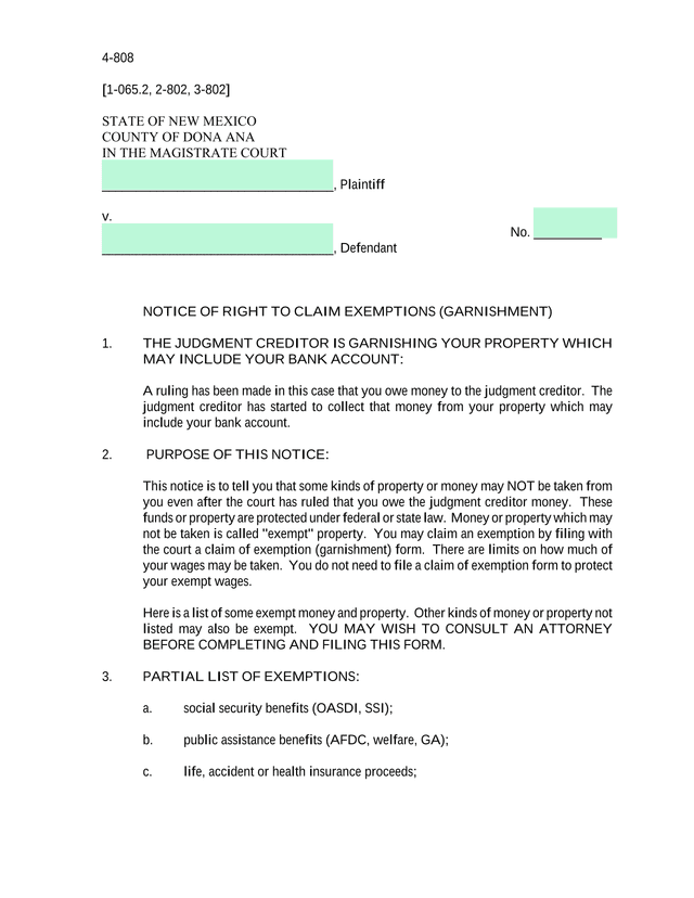Notice Of Right To Claim Exemptions (Garnishment) screenshot