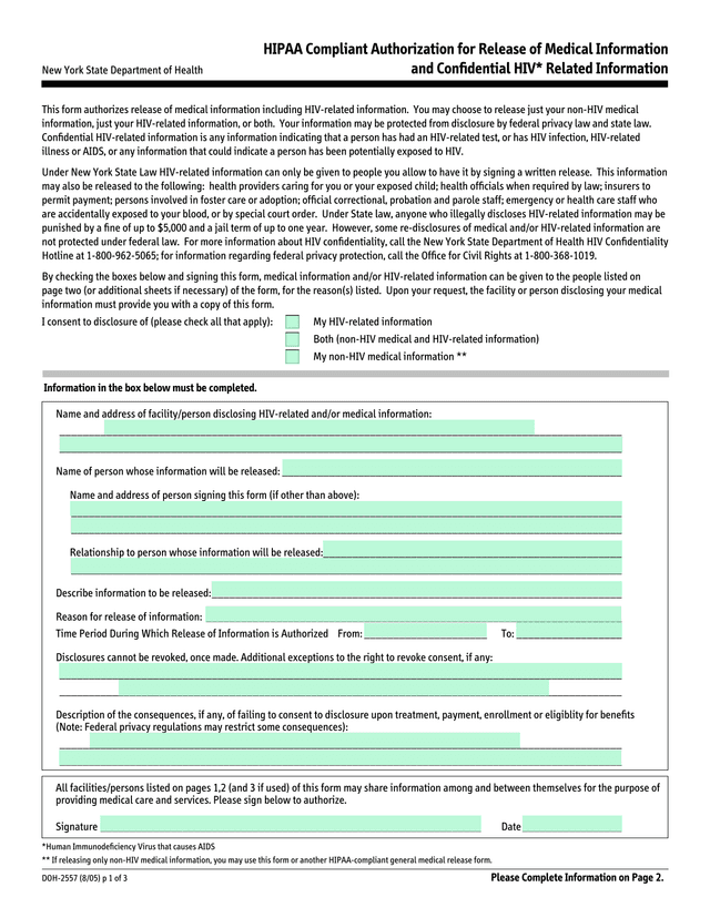 HIV Related Information Release Authorization Form screenshot