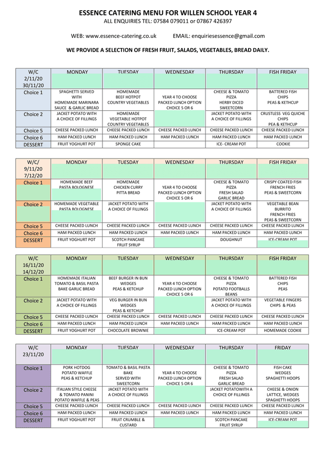 Essence Catering Menu For Willen School Year 4 screenshot