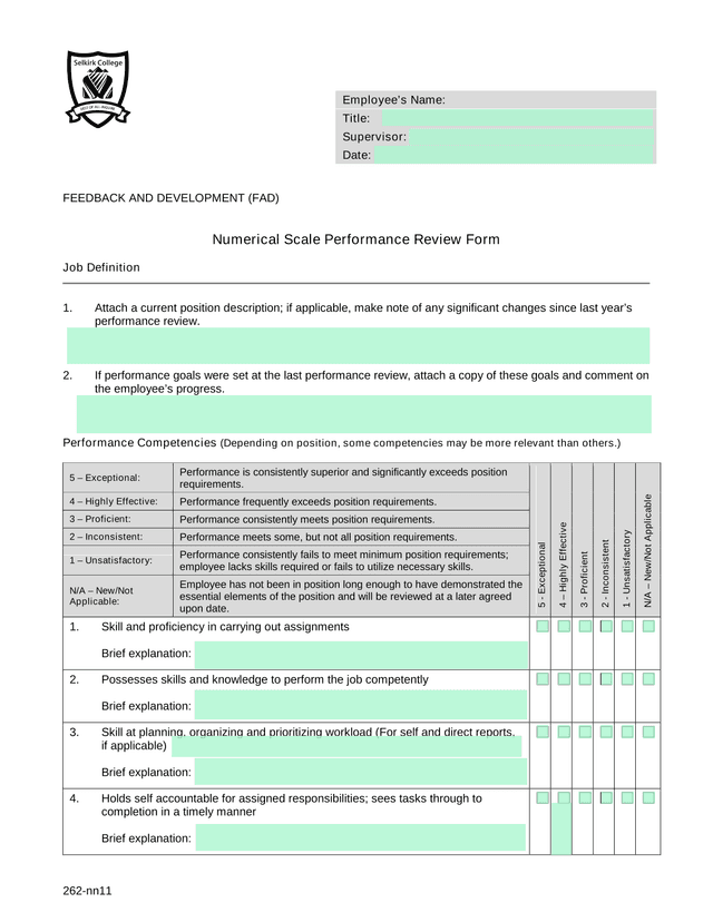 Numerical Scale Performance Review Form screenshot