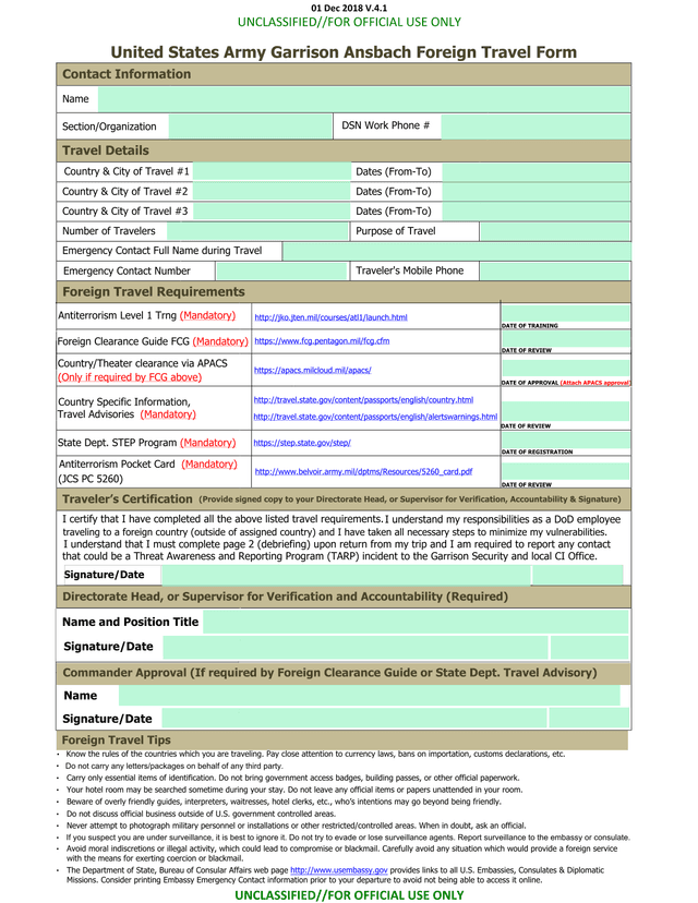 United States Army Garrison Ansbach Foreign Travel Form screenshot