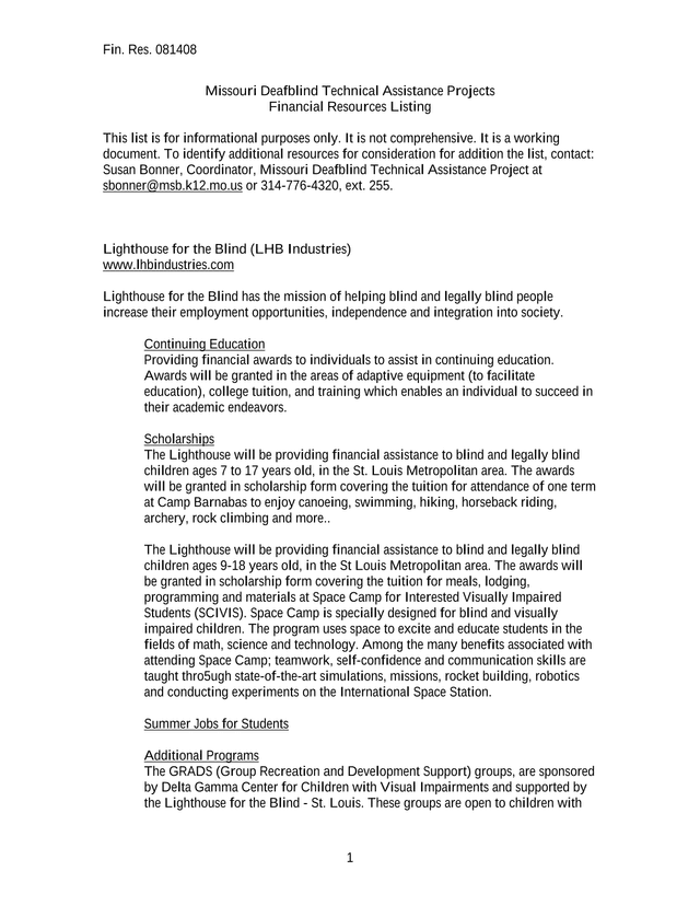 Missouri Deafblind Technical Assistance Projects Financial Resources Listing screenshot