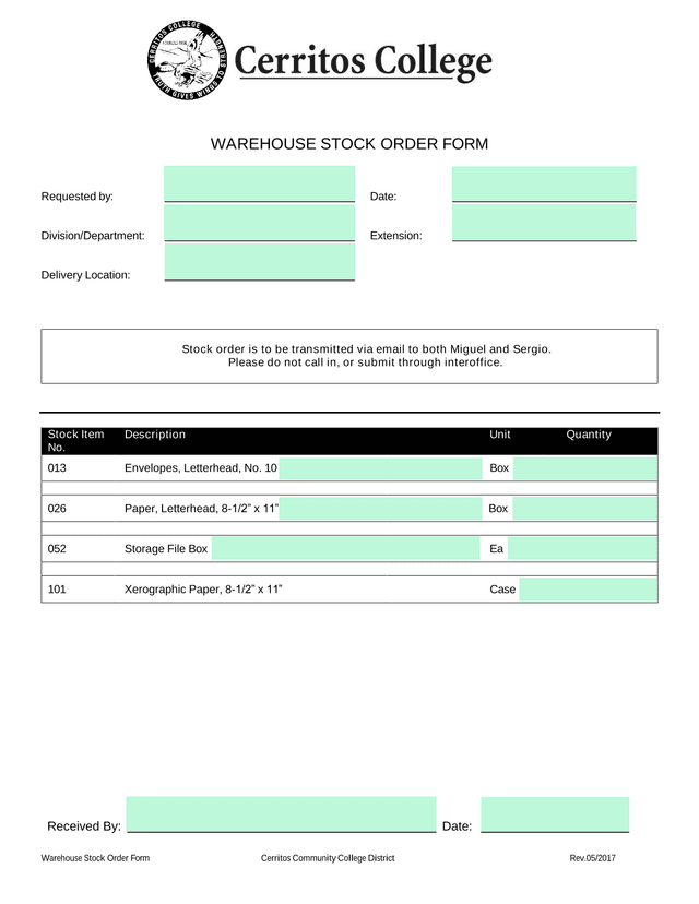 Warehouse Stock Order Form screenshot