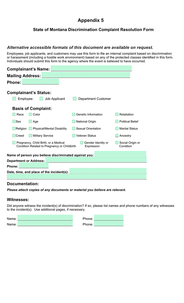 State Of Montana Discrimination Complaint Resolution Form screenshot