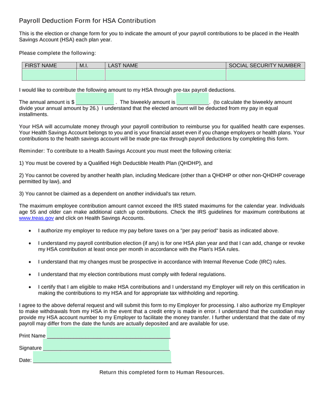 Payroll Deduction Form For HSA Contribution screenshot