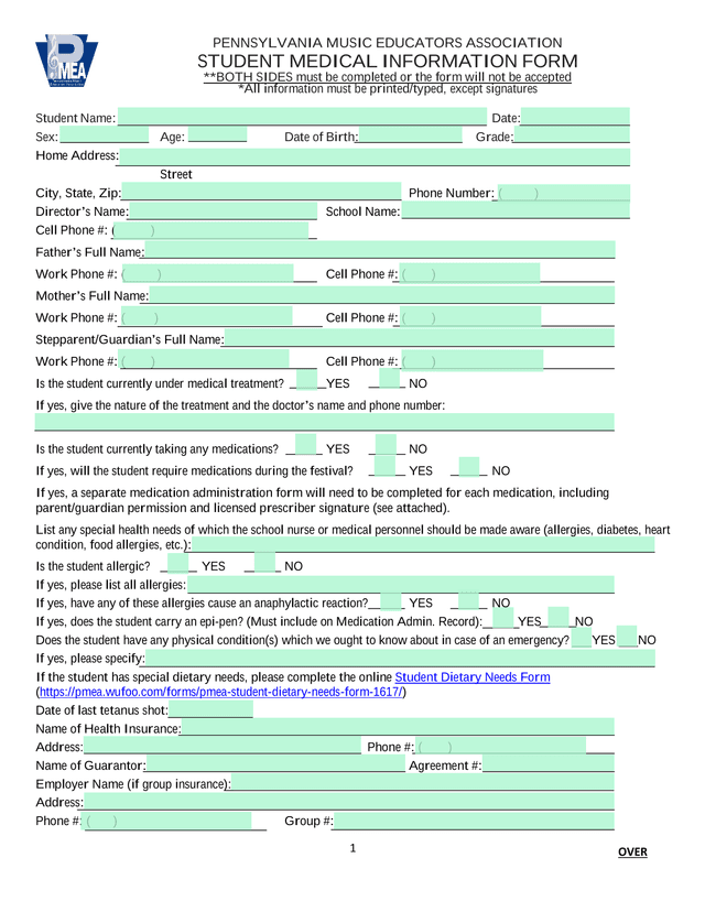 PENNSYLVANIA MUSIC EDUCATORS ASSOCIATION STUDENT MEDICAL INFORMATION FORM screenshot
