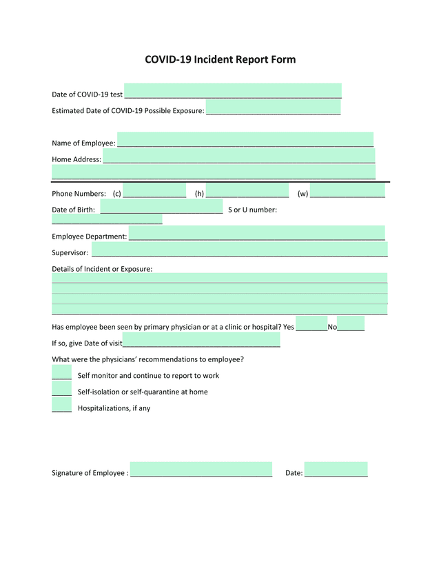 COVID 19 Incident Report Form screenshot