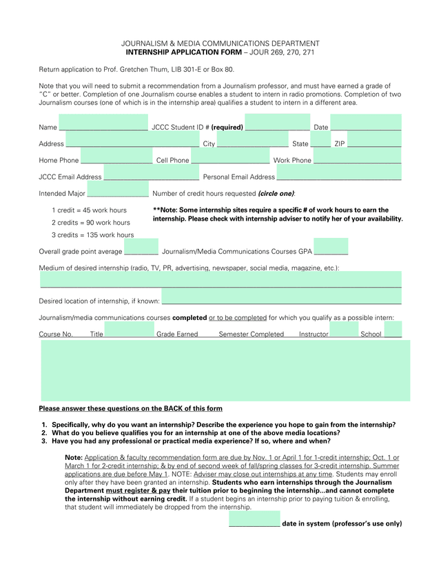 JOURNALISM  MEDIA COMMUNICATIONS DEPARTMENT INTERNSHIP APPLICATION FORM screenshot