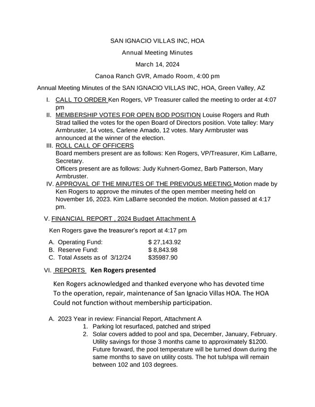 San Ignacio Villas Inc, HOA Annual Meeting Minutes screenshot