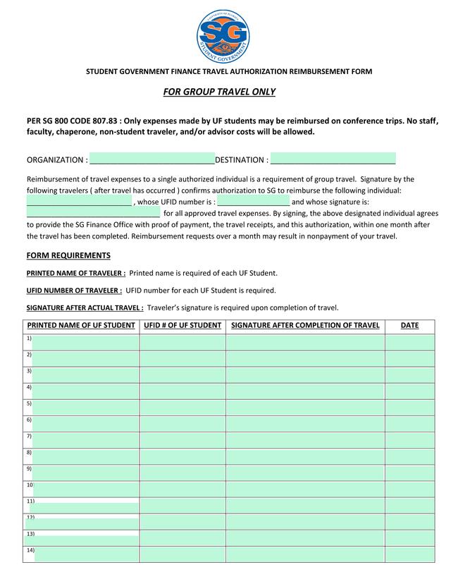 STUDENT GOVERNMENT FINANCE TRAVEL AUTHORIZATION REIMBURSEMENT FORM screenshot