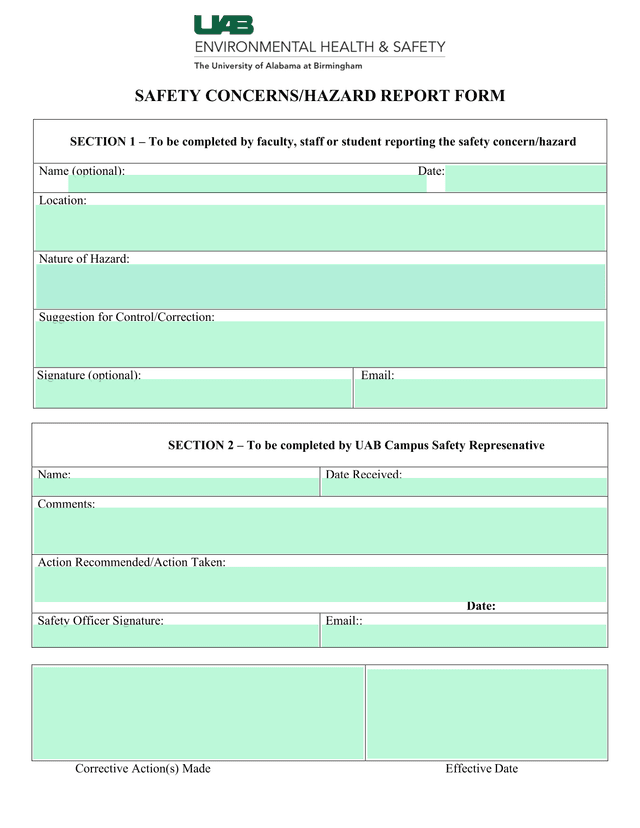 SAFETY CONCERNSHAZARD REPORT FORM screenshot