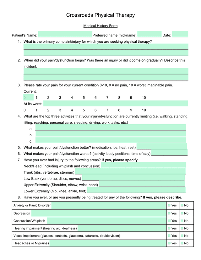 Crossroads Physical Therapy Medical History Form screenshot