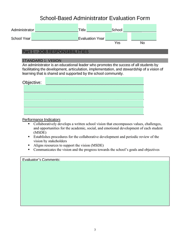 School Based Administrator Evaluation Form screenshot