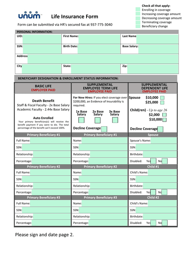 Life Insurance Form screenshot