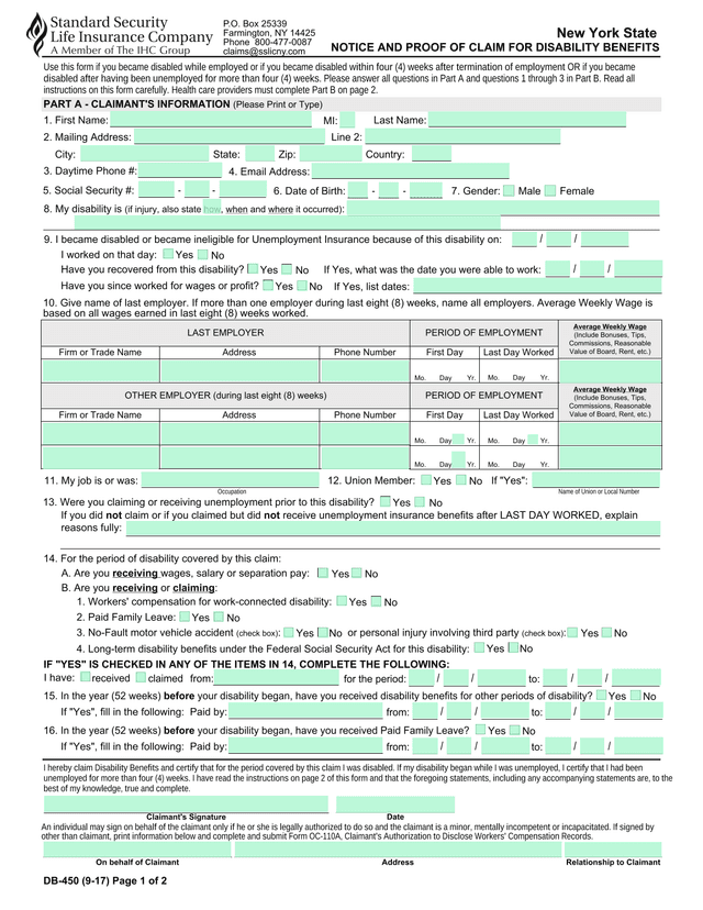 New York State NOTICE AND PROOF OF CLAIM FOR DISABILITY BENEFITS screenshot