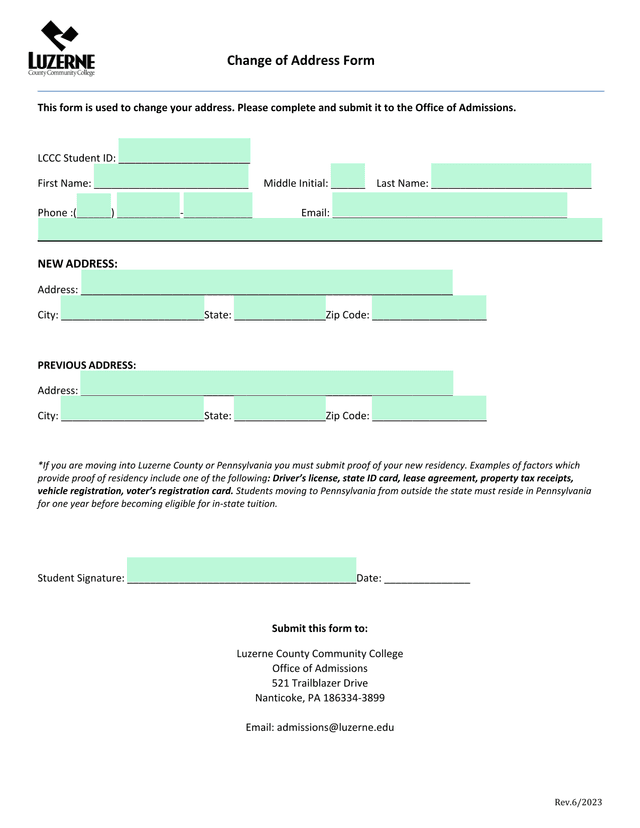 Change Of Address Form screenshot