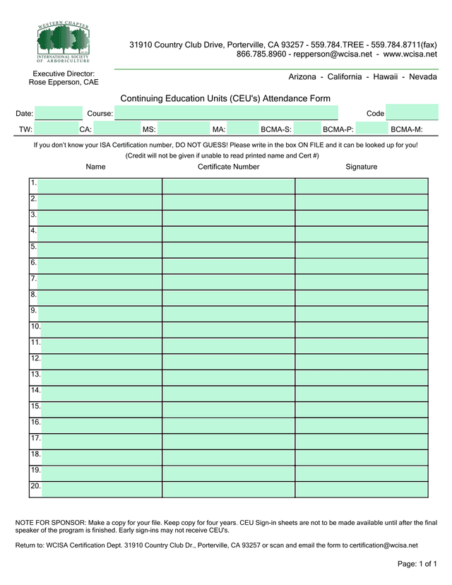 Continuing Education Units (CEUS) Attendance Form screenshot