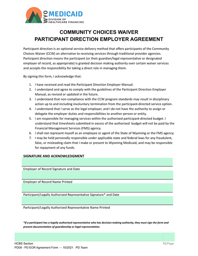 Community Choices Waiver Participant Direction Employer Agreement screenshot