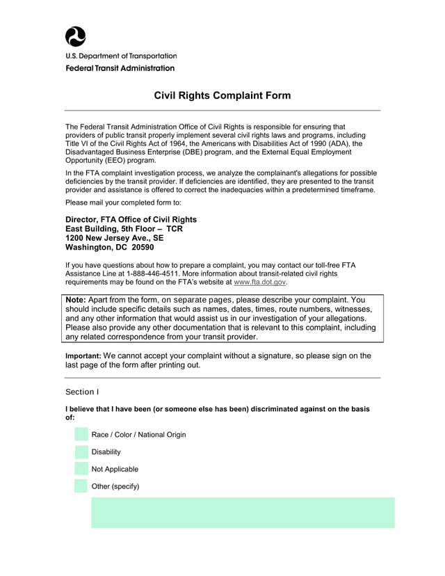 Civil Rights Complaint Form screenshot