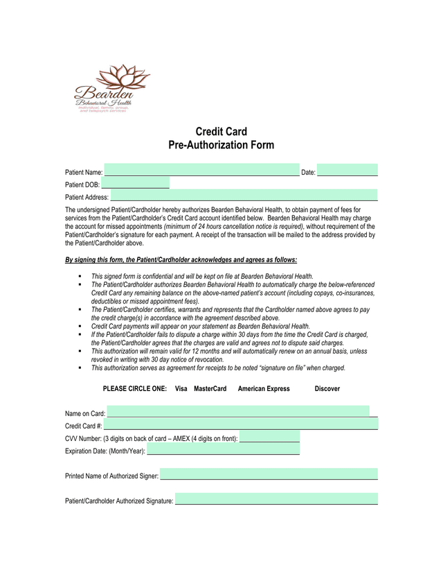 Credit Card Pre Authorization Form screenshot