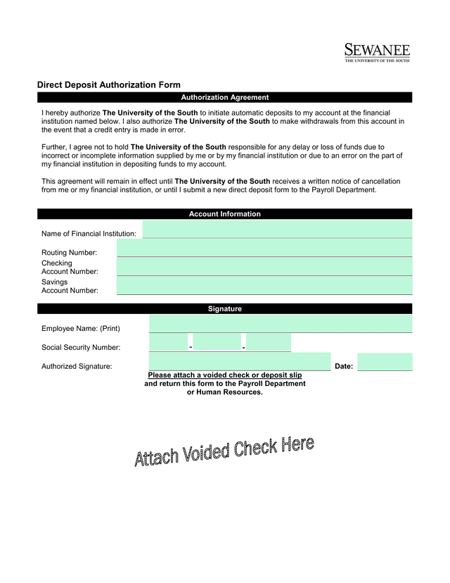 Direct Deposit Authorization Form screenshot