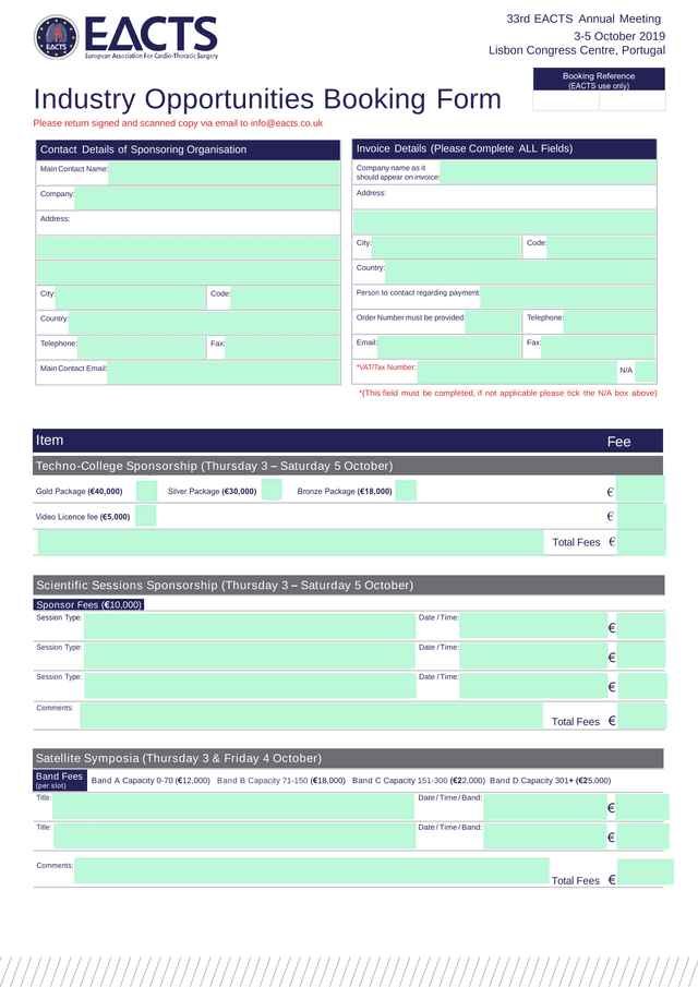 33rd EACTS Annual Meeting   Industry Opportunities Booking Form screenshot