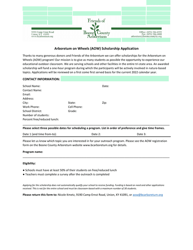 Arboretum On Wheels (AOW) Scholarship Application screenshot