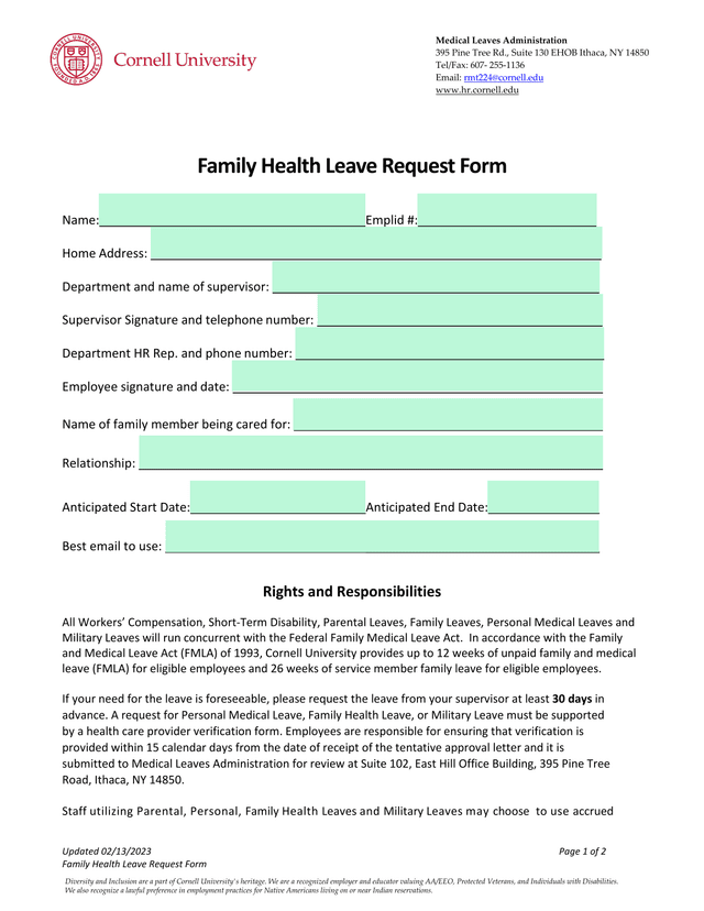 Family Health Leave Request Form screenshot